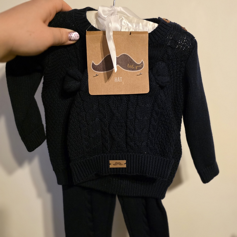 Navy Blue Cable Knit Baby Sweater and Pants Set